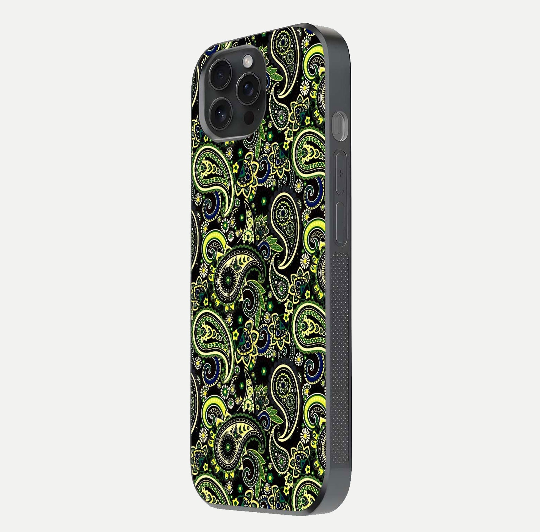 Green Mandala Pattern Glass Case for iPhone 15 Pro side-angle image showing reflection clarity and detailed pattern lines