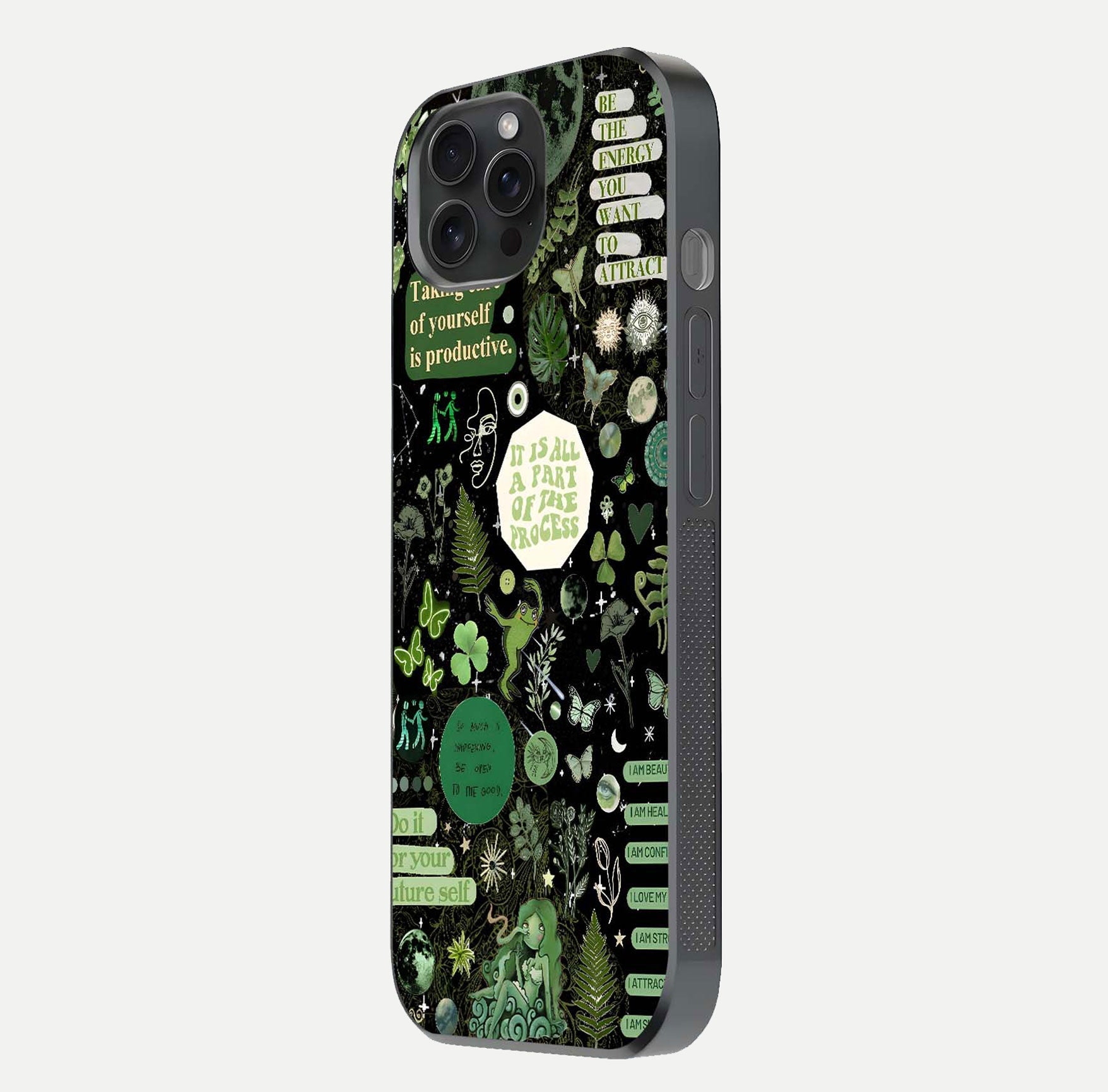 Green Moon Energy Glass Case for iPhone 15 Pro side-angle image showing reflection brilliance and curved finish