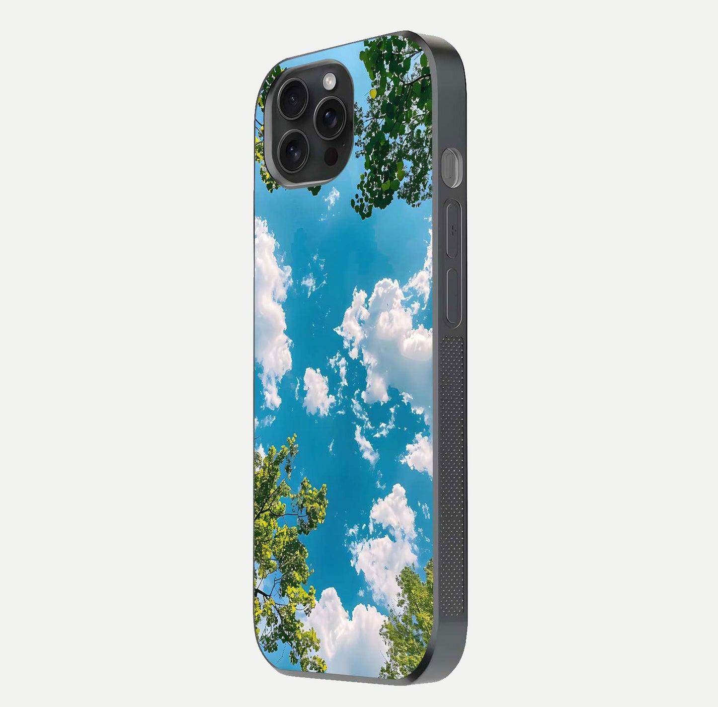 Greenery Sky Glass Case for iPhone 15 Pro side-angle image showing reflection glow and nature-themed pattern