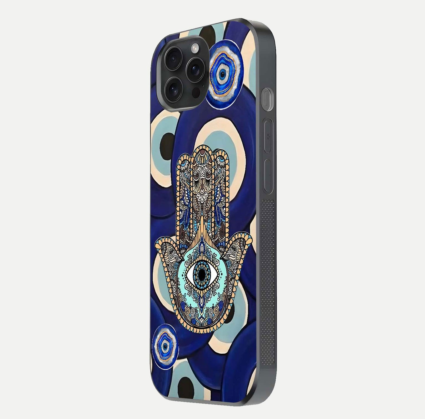 Hamsa Divine Guard Glass Case for iPhone 15 Pro side-angle image showing reflection brilliance and protective design