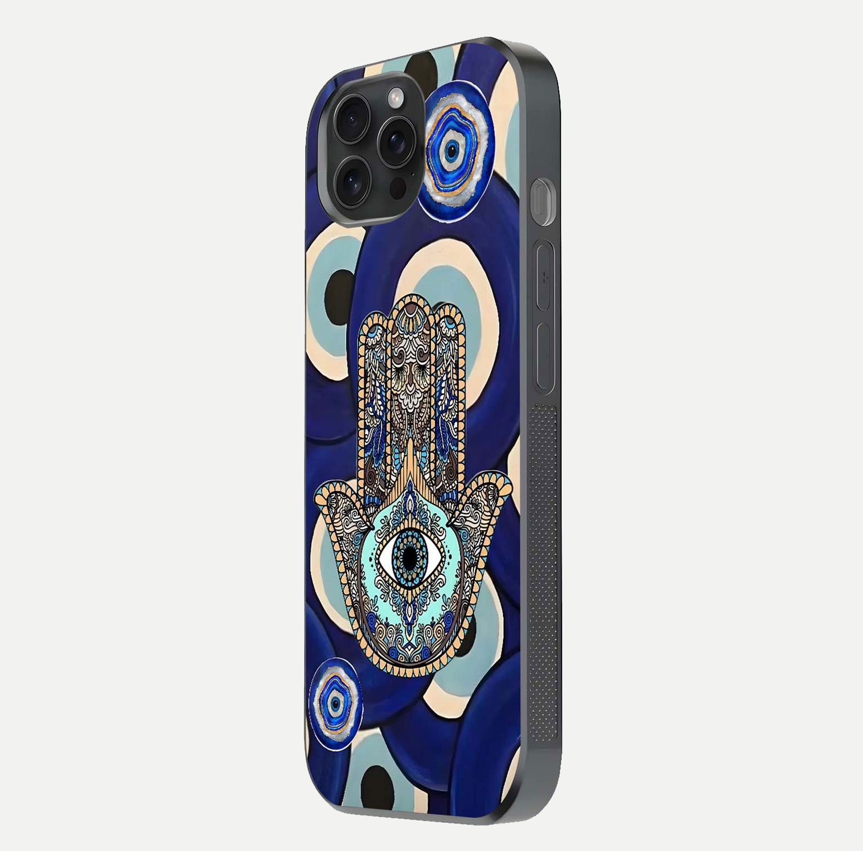 Hamsa Divine Guard Glass Case for iPhone 15 Pro side-angle image showing reflection brilliance and protective design