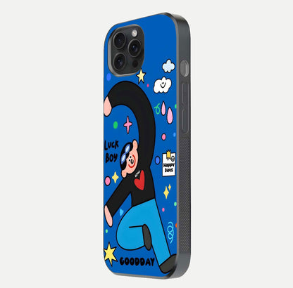 Happy Luck Vibe Glass Case for iPhone 15 Pro side-angle image showing reflection polish and vivid charm design