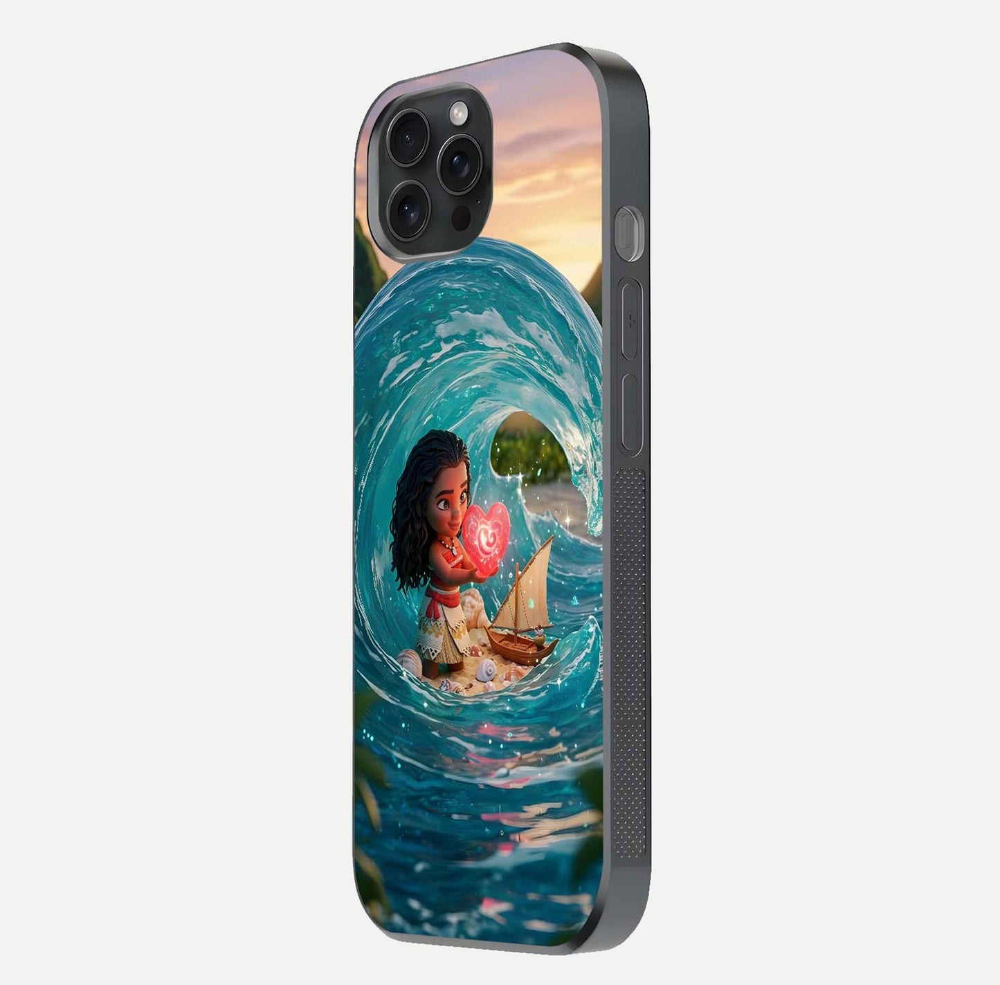 Heart of Ocean Glass Case for iPhone 15 Pro side-angle image showing reflection clarity and deep ocean texture