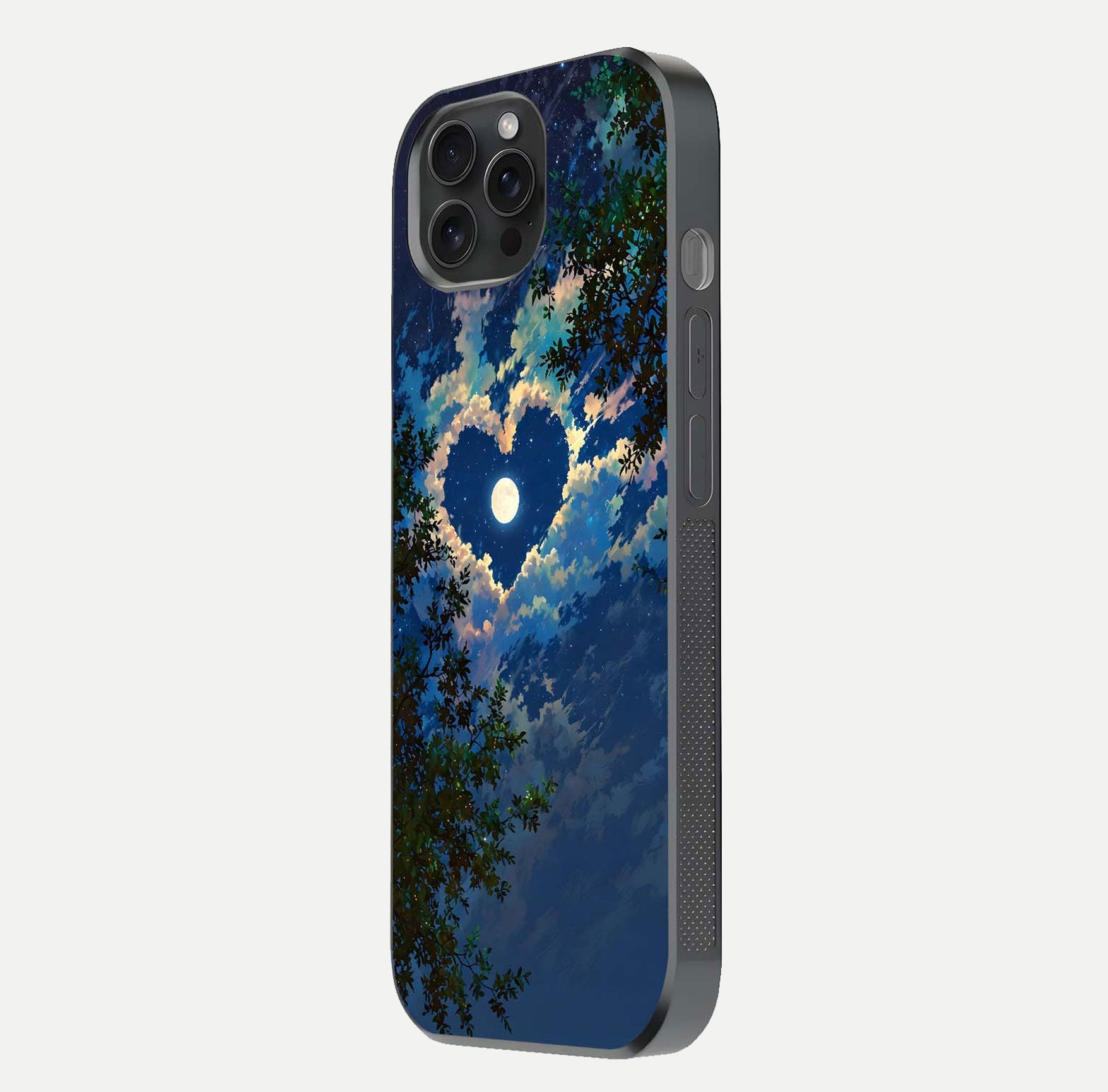 Heart with Moon Sky Glass Case for iPhone 15 Pro side-angle image showing reflection brightness and soft tone finish