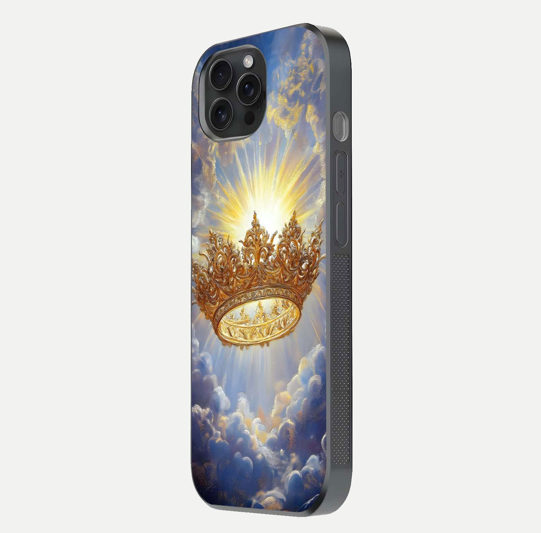 Heavenly Crown Light Glass Case for iPhone 15 Pro side-angle image showing reflection brilliance and elegant divine art
