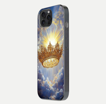 Heavenly Crown Light Glass Case for iPhone 15 Pro side-angle image showing reflection brilliance and elegant divine art