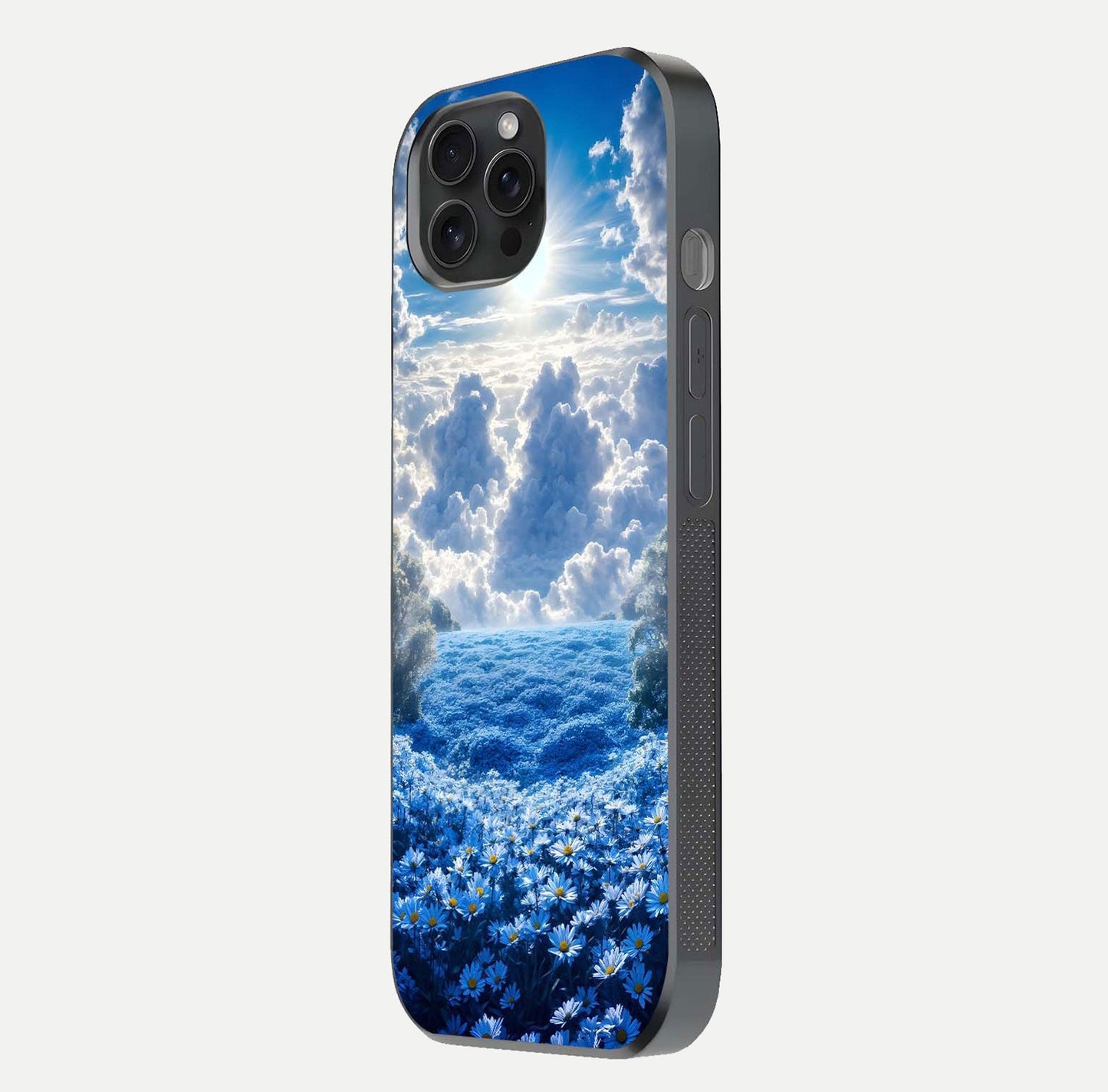 Heavenly Daisy Horizon Glass Case for iPhone 15 Pro side-angle image showing reflection depth and floral glow