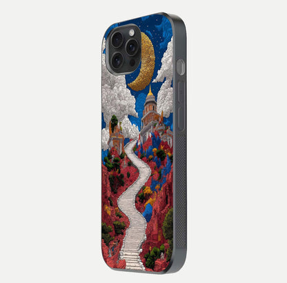 Heavenly Moon Path Glass Case for iPhone 15 Pro side-angle image showing reflection clarity and serene moon glow