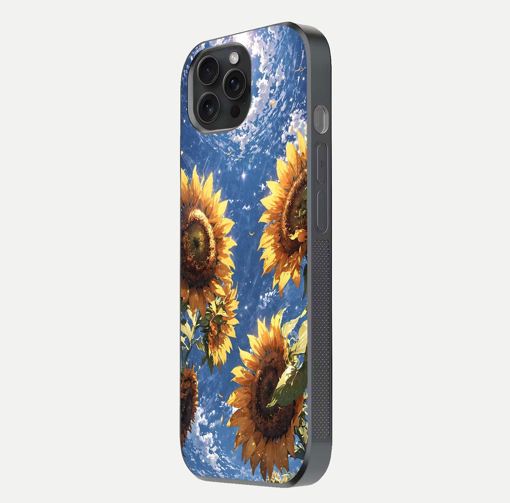 Heavenly Sunflower Rise Glass Case for iPhone 15 Pro side-angle image showing reflection glow and soft yellow tone