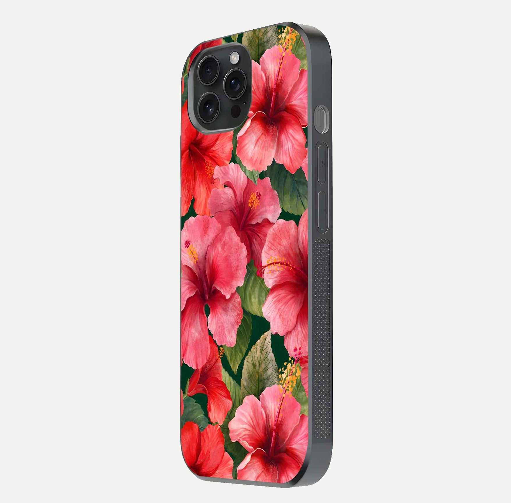 Hibiscus Pattern Glass Case for iPhone 15 Pro side-angle image showing reflection brightness and floral detailing
