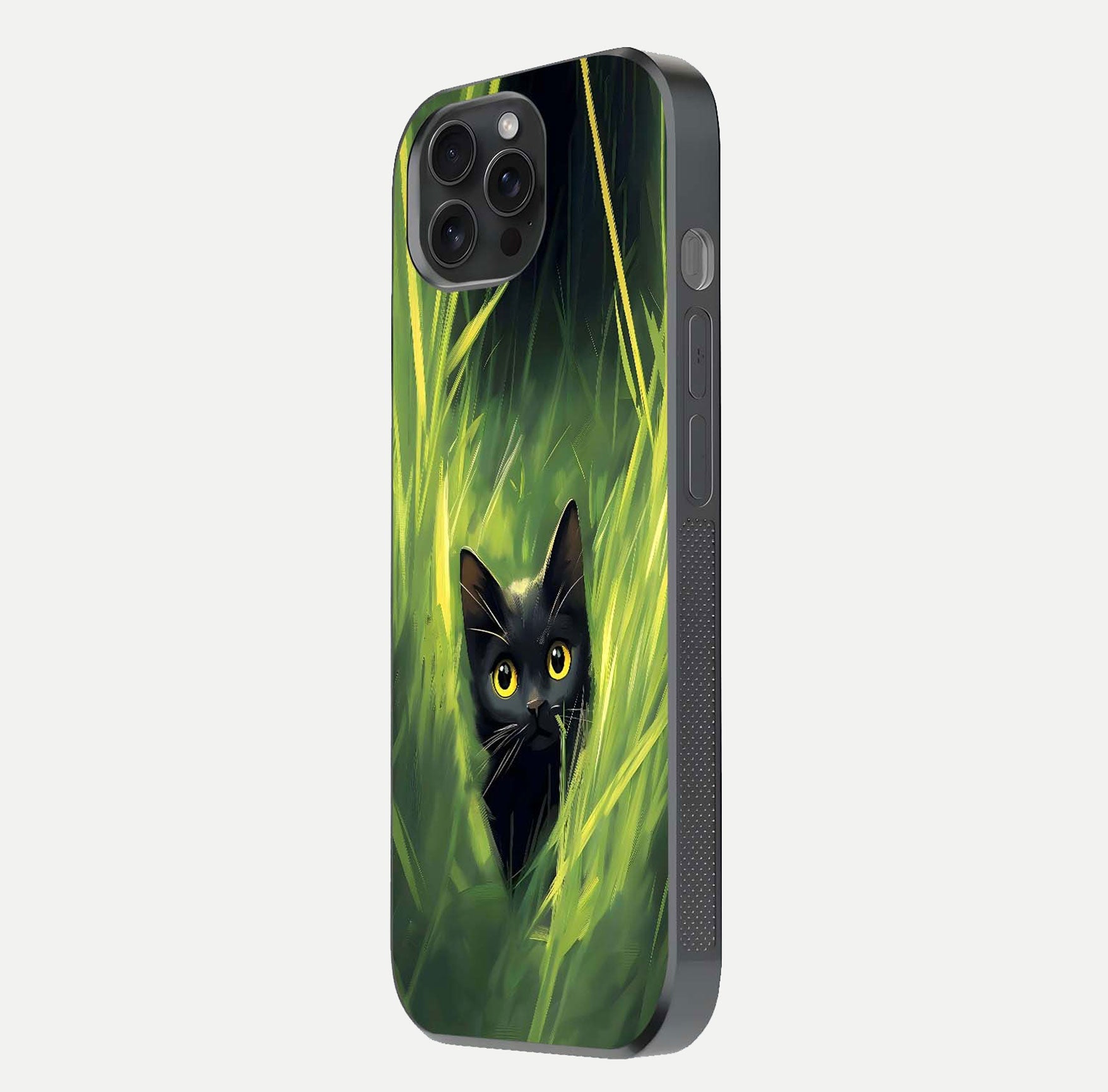 Hidden Cat Whisper Glass Case for iPhone 15 Pro side-angle image showing reflection glow and subtle artistic texture
