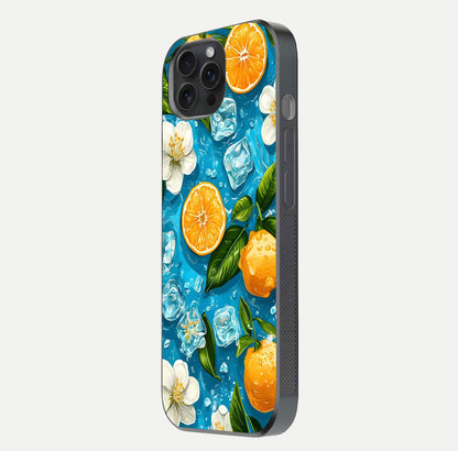 Ice Cube With Orange Glass Case for iPhone 15 Pro side-angle image showing reflection brightness and juicy pattern detail