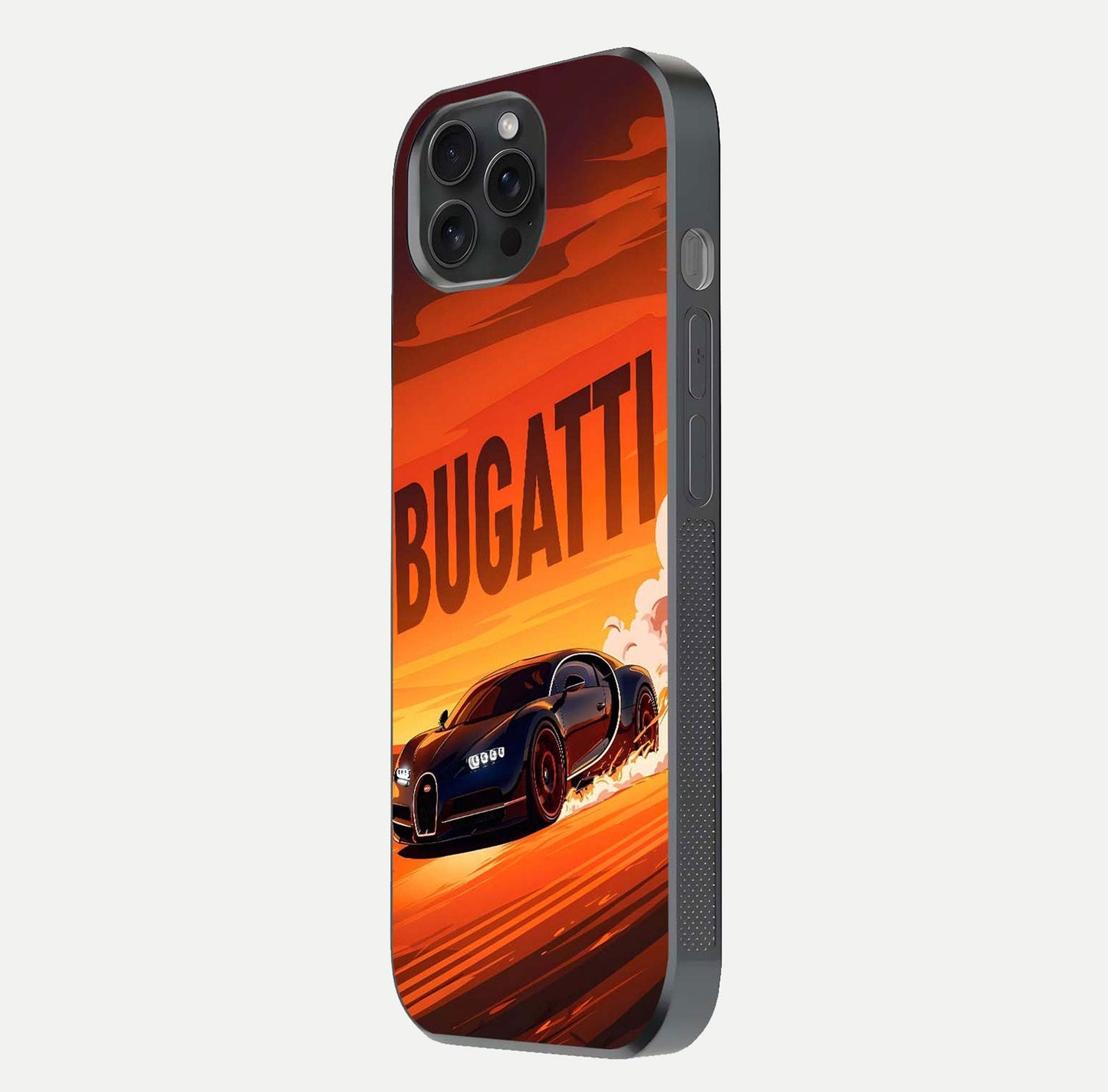 Inferno Bugatti Storm Glass Case for iPhone 15 Pro side-angle image showing reflection glow and vibrant red tones