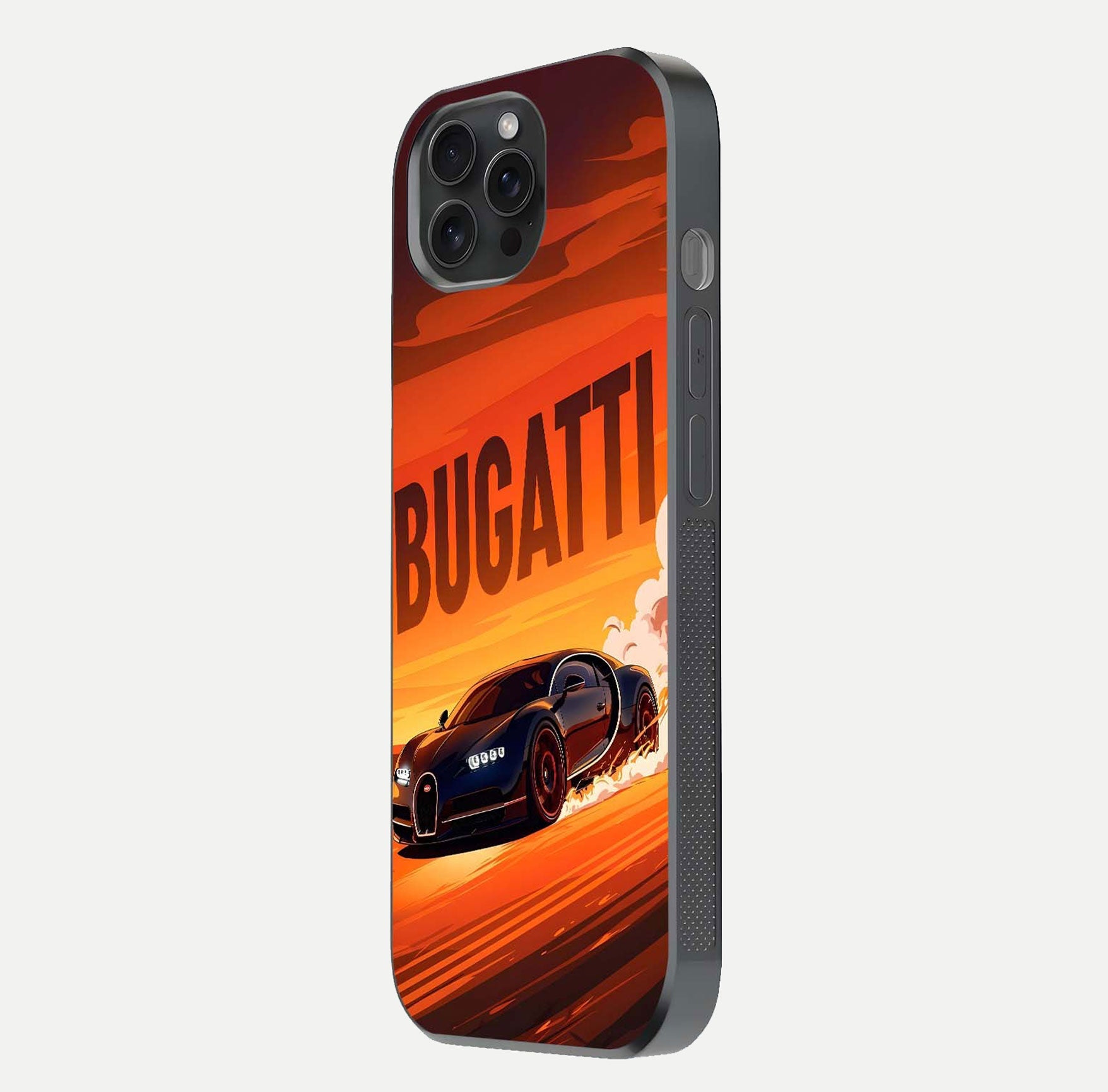 Inferno Bugatti Storm Glass Case for iPhone 15 Pro side-angle image showing reflection glow and vibrant red tones