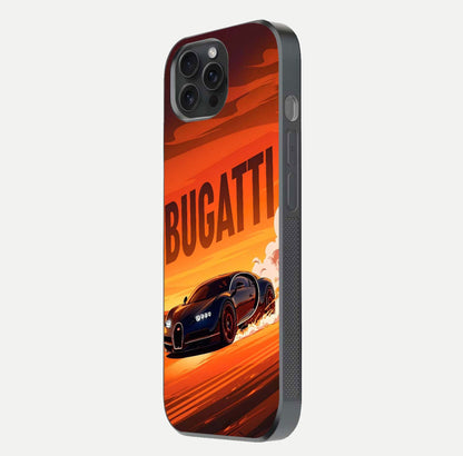 Inferno Bugatti Storm Glass Case for iPhone 15 Pro side-angle image showing reflection glow and vibrant red tones