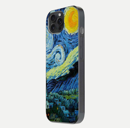 Inspired Van Gogh Art Glass Case for iPhone 15 Pro side-angle image showing reflection brilliance and painted surface look