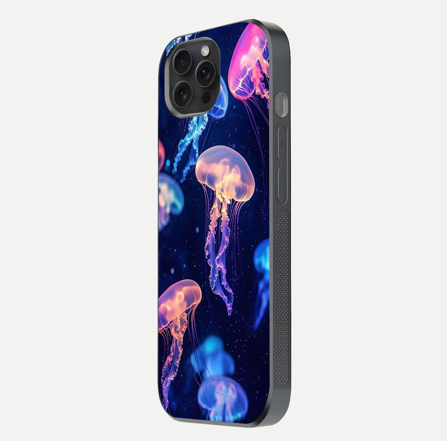 Jellyfish Pattern Glass Case for iPhone 15 Pro side-angle image showing reflection glow and soft water-blue gradient