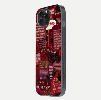 Jesus Love Heals Glass Case for iPhone 15 Pro side-angle image highlighting gloss depth and spiritual aura