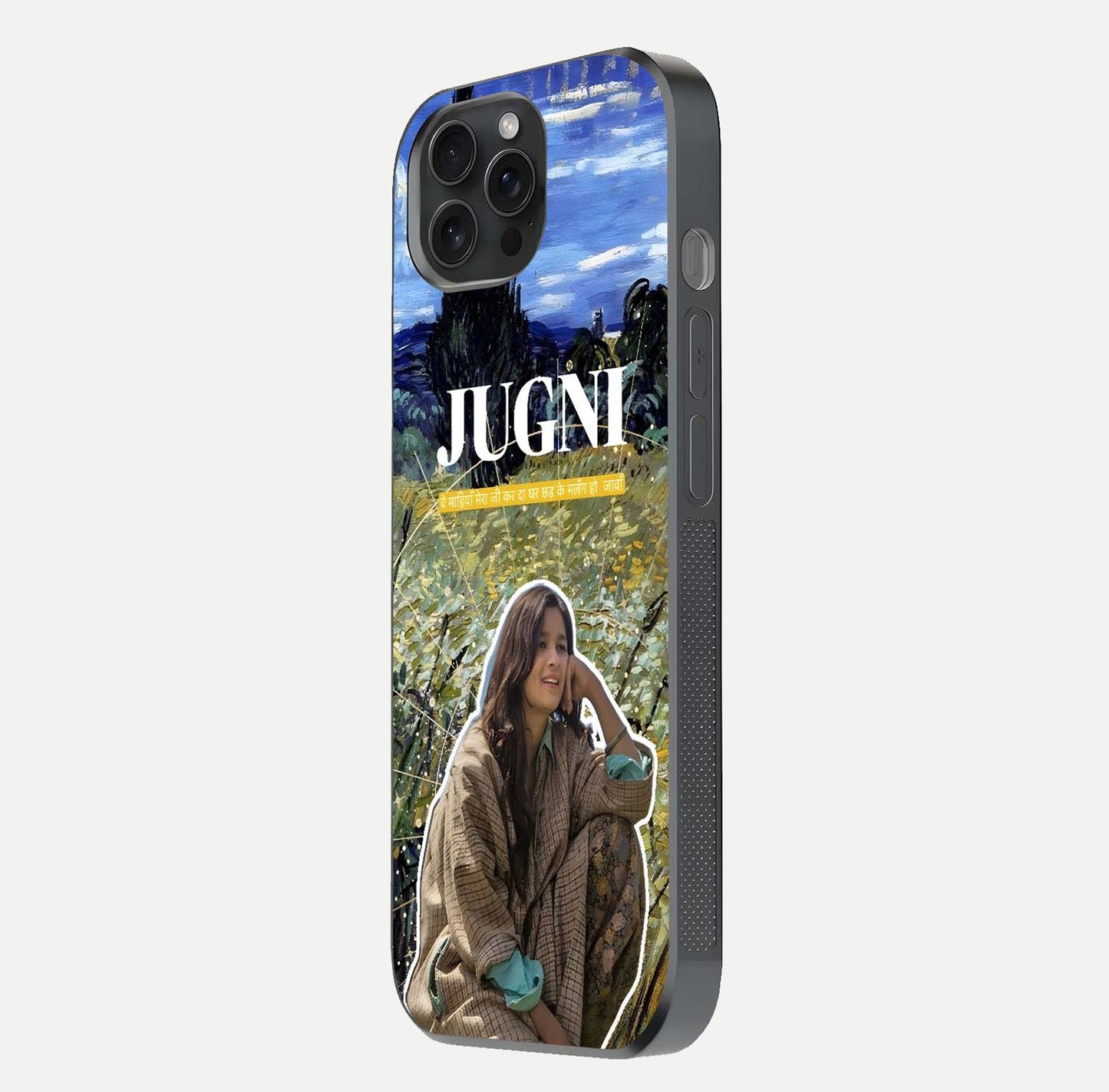 Jugni Soul Vibes Glass Case for iPhone 15 Pro side-angle image with stylish typography and HD finish