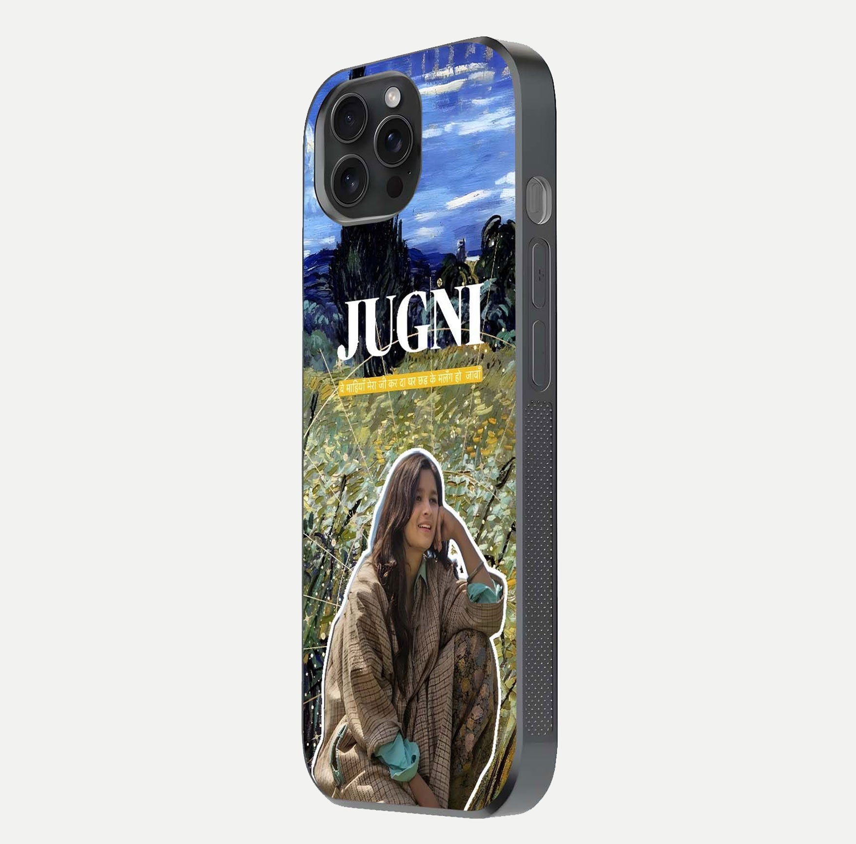 Jugni Soul Vibes Glass Case for iPhone 15 Pro side-angle image with stylish typography and HD finish