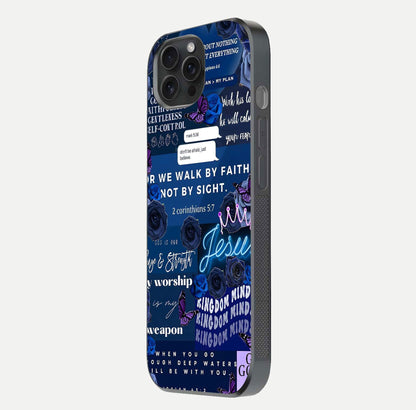 Kingdom Faith Glow Glass Case for iPhone 15 Pro side-angle image with reflective cross and faith glow