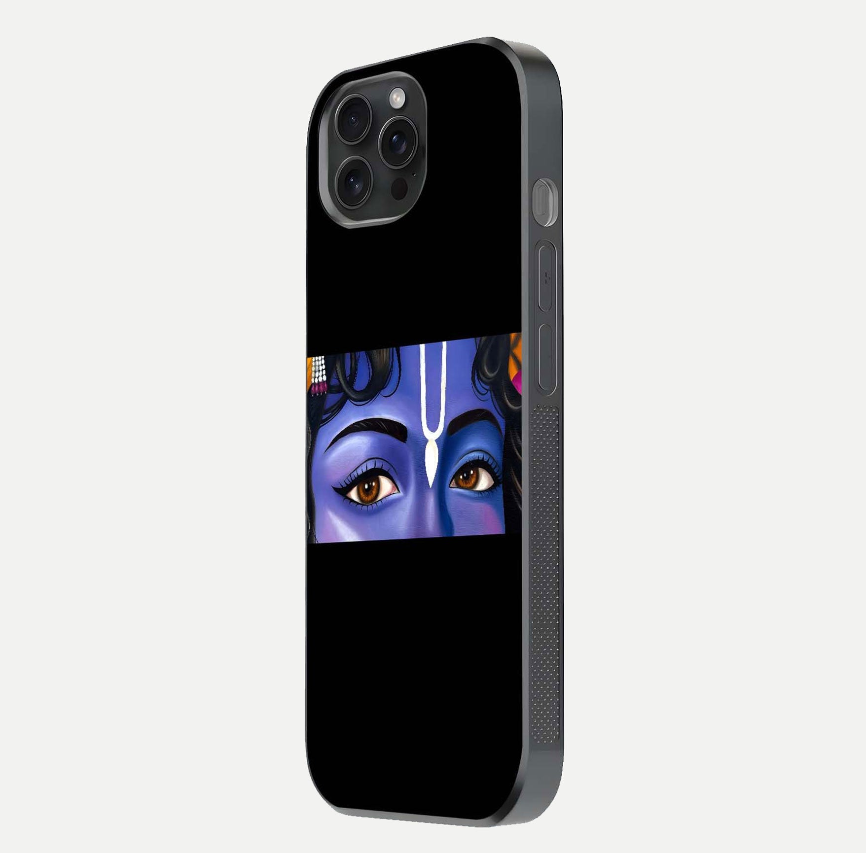 Krishna Eye Glass Case for iPhone 15 Pro side-angle image showing reflection clarity and Krishna symbol design