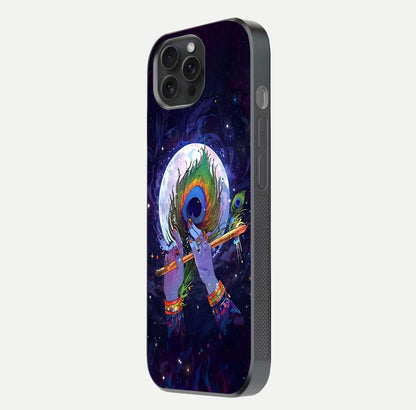Krishna Hands Art Glass Case for iPhone 15 Pro side-angle image highlighting reflection brightness and vivid print