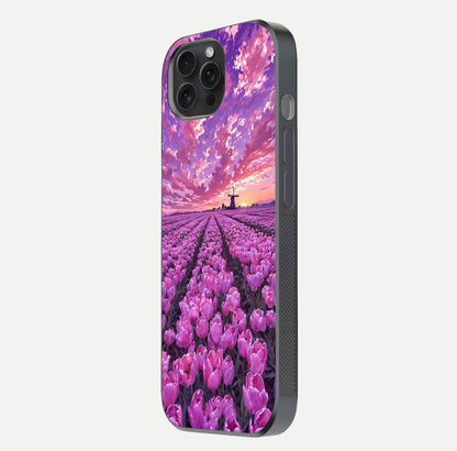 Lavender Dream Skies Glass Case for iPhone 15 Pro side-angle image showing reflection depth and serene tones