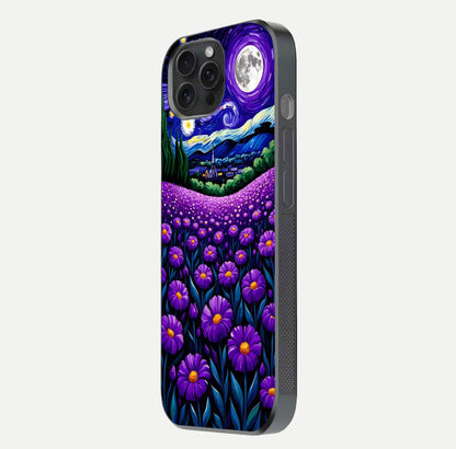 Lavender Moon Field Glass Case for iPhone 15 Pro side-angle image showing HD reflection and moonlit lavender art