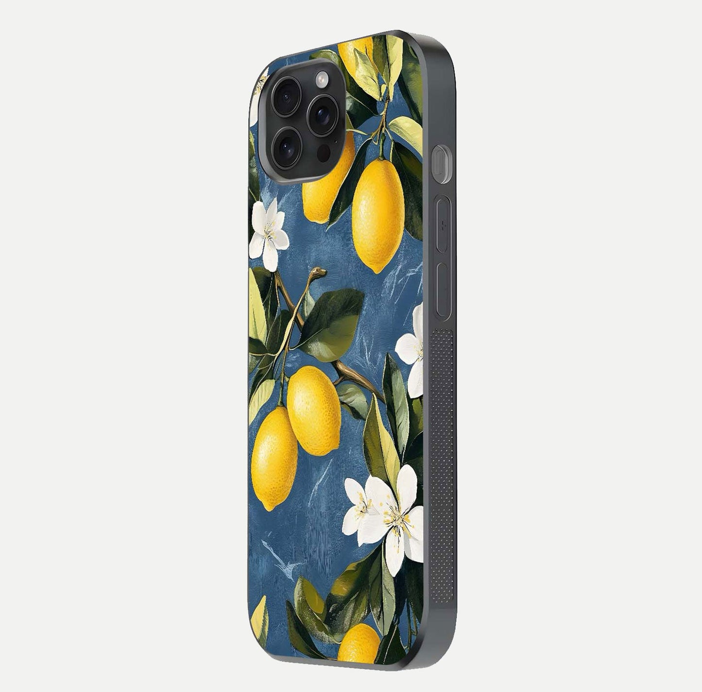 Lemon Dream Garden Glass Case for iPhone 15 Pro side-angle image showing reflection clarity and artistic fruit design