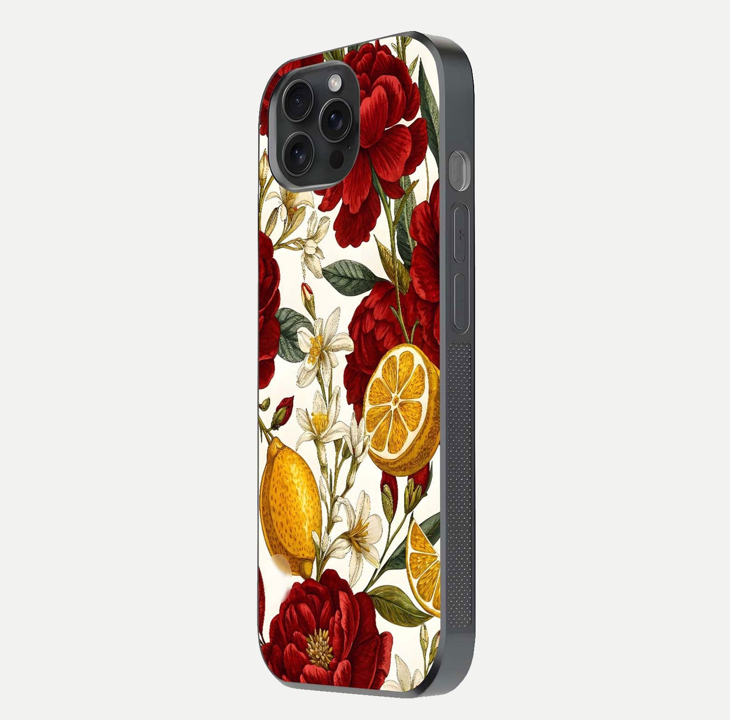 Lemon Rose Charm Glass Case for iPhone 15 Pro side-angle image revealing reflection depth and vibrant flower art