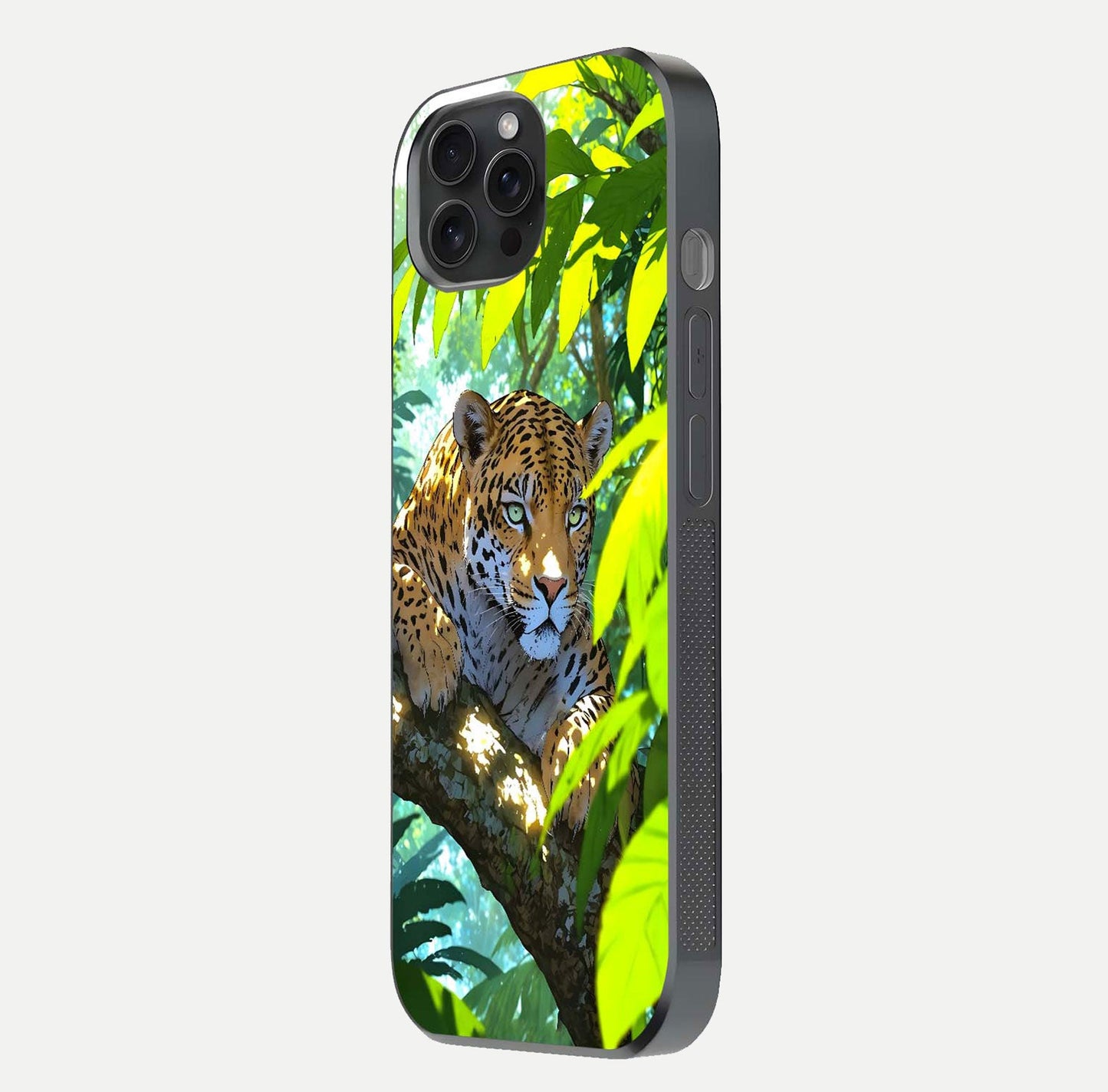 Leopard in Jungle Glass Case for iPhone 15 Pro side-angle shot emphasizing contrast and fierce design clarity