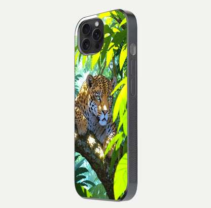 Leopard in Jungle Glass Case for iPhone 15 Pro side-angle shot emphasizing contrast and fierce design clarity