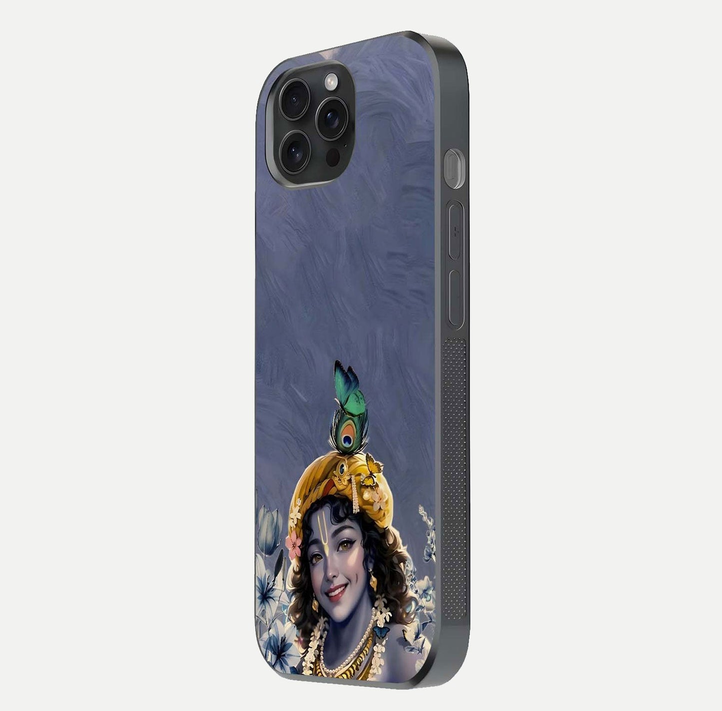 Lord Krishna Glass Case for iPhone 15 Pro side-angle image emphasizing premium reflection and sacred motif
