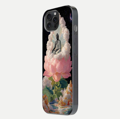 Lotus Divine Peace Glass Case for iPhone 15 Pro side-angle shot showing elegant shine and floral symmetry