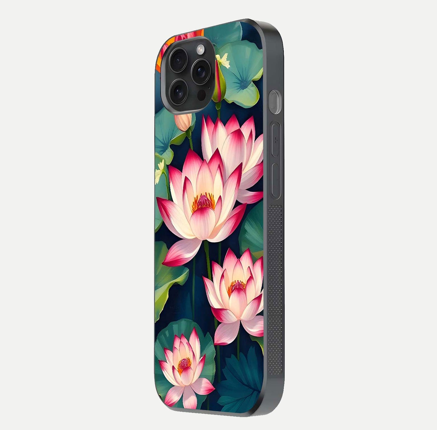 Lotus Dream Serenity Glass Case for iPhone 15 Pro side-angle image revealing reflection clarity and calm tones