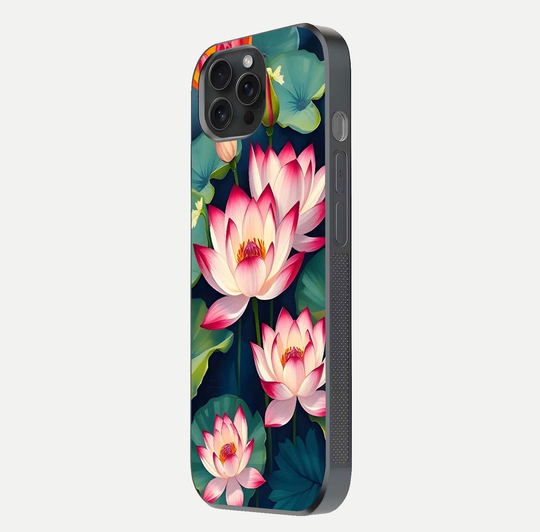 Lotus Dream Serenity Glass Case for iPhone 15 Pro side-angle image revealing reflection clarity and calm tones