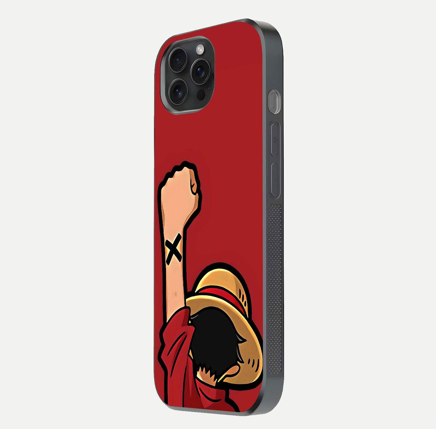 Luffy X Spirit Glass Case for iPhone 15 Pro side-angle image highlighting reflection strength and anime print