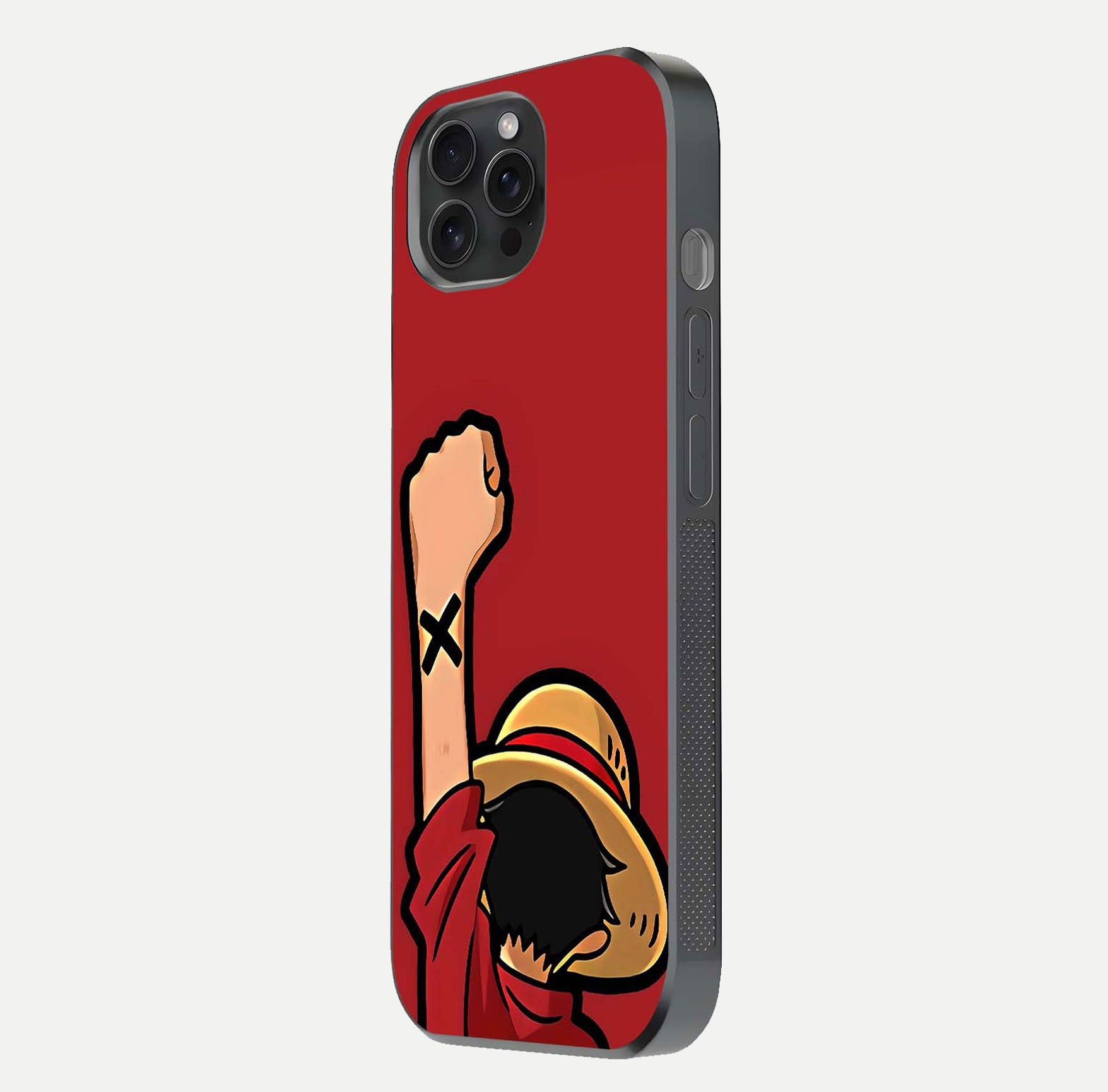 Luffy X Spirit Glass Case for iPhone 15 Pro side-angle image highlighting reflection strength and anime print