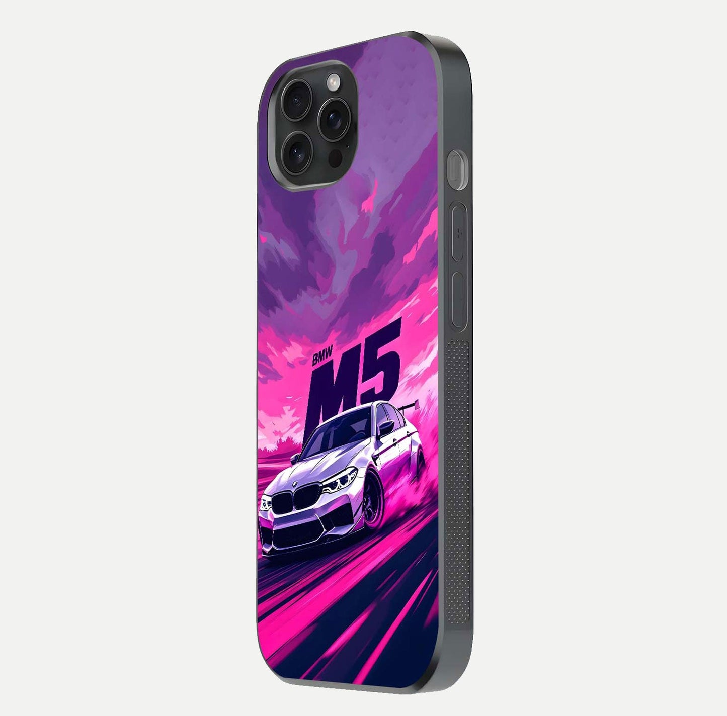 MS Neon Car Glass Case for iPhone 15 Pro side-angle image showing glow reflection and car detailing
