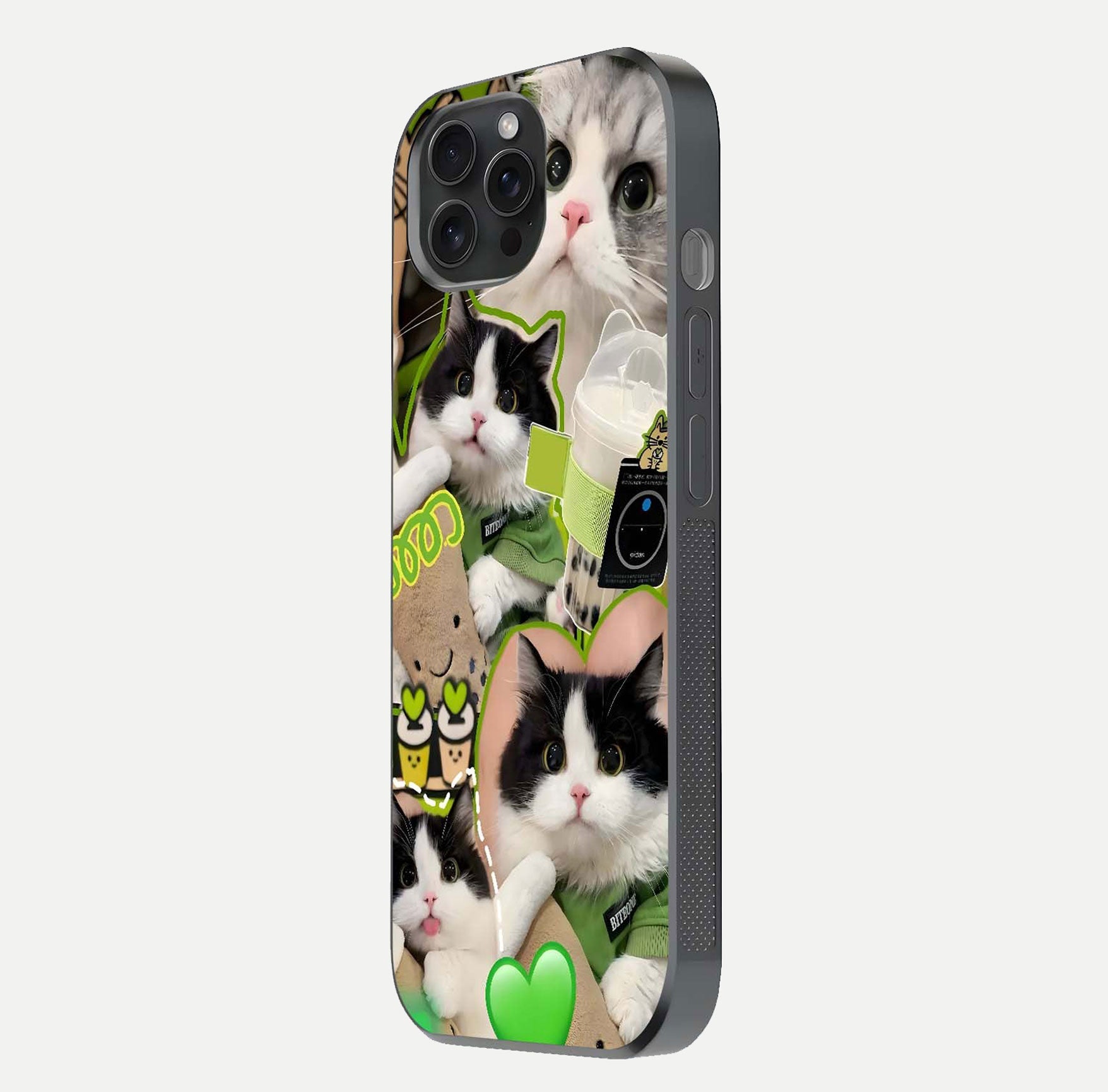 Matcha Cats Mood Glass Case for iPhone 15 Pro side-angle image showing shine clarity and cat pattern charm