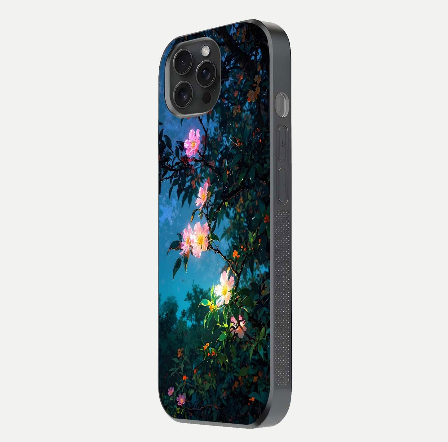 Midnight Bloom Glow Glass Case for iPhone 15 Pro side-angle image revealing reflection and deep midnight hues