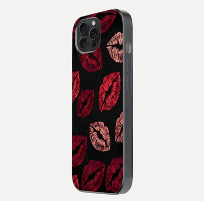 Midnight Kiss Love Glass Case for iPhone 15 Pro side-angle image revealing gloss texture and deep love motif