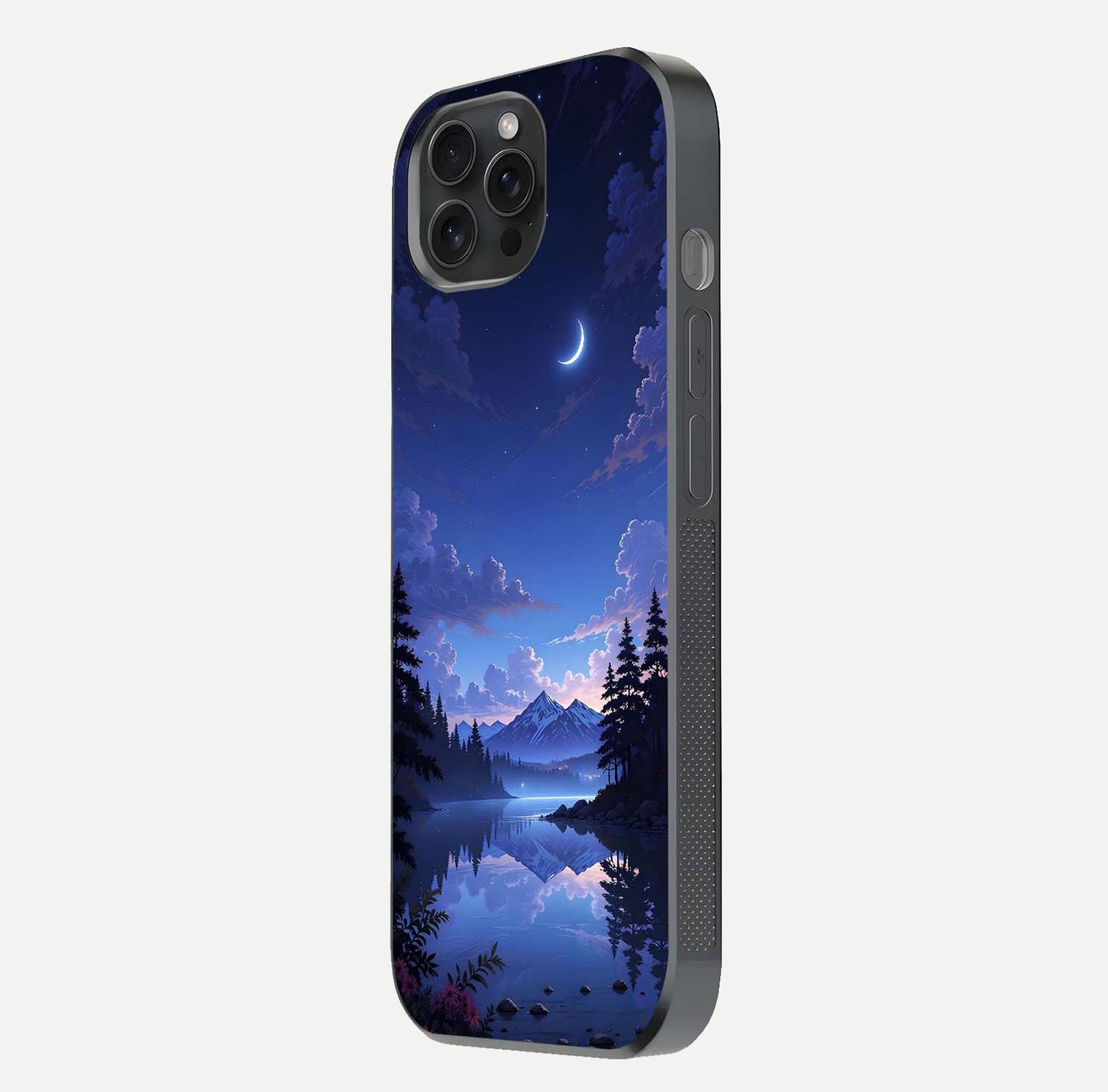 Midnight Lake Peace Glass Case for iPhone 15 Pro side-angle image showing HD shine and tranquil color tones