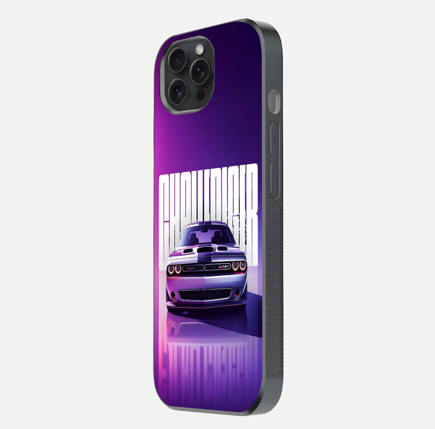 Midnight Muscle Ride Glass Case for iPhone 15 Pro side-angle image showing reflection clarity and bold design