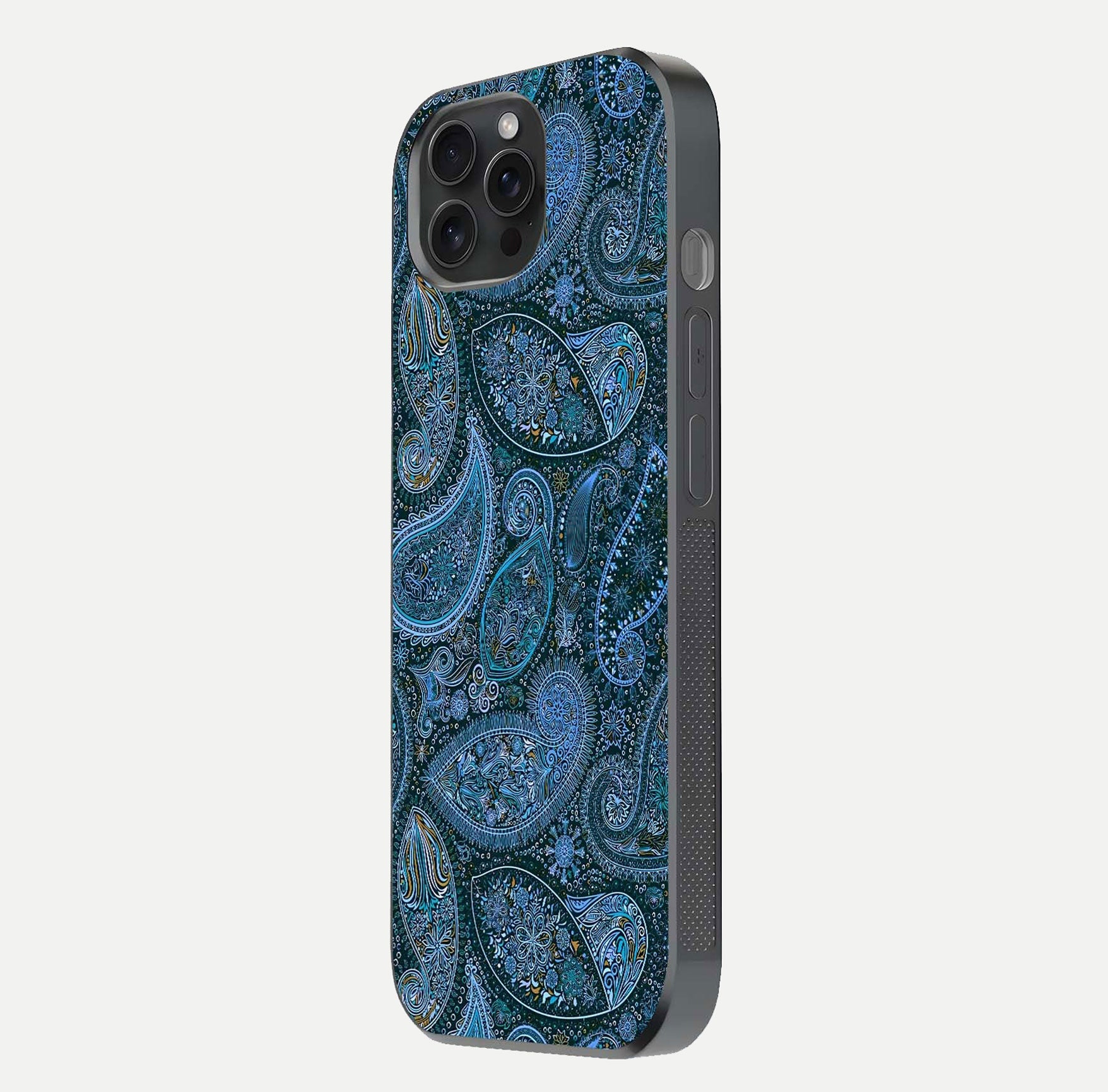 Midnight Paisley Glow Glass Case for iPhone 15 Pro side-angle image revealing reflective gloss and paisley art