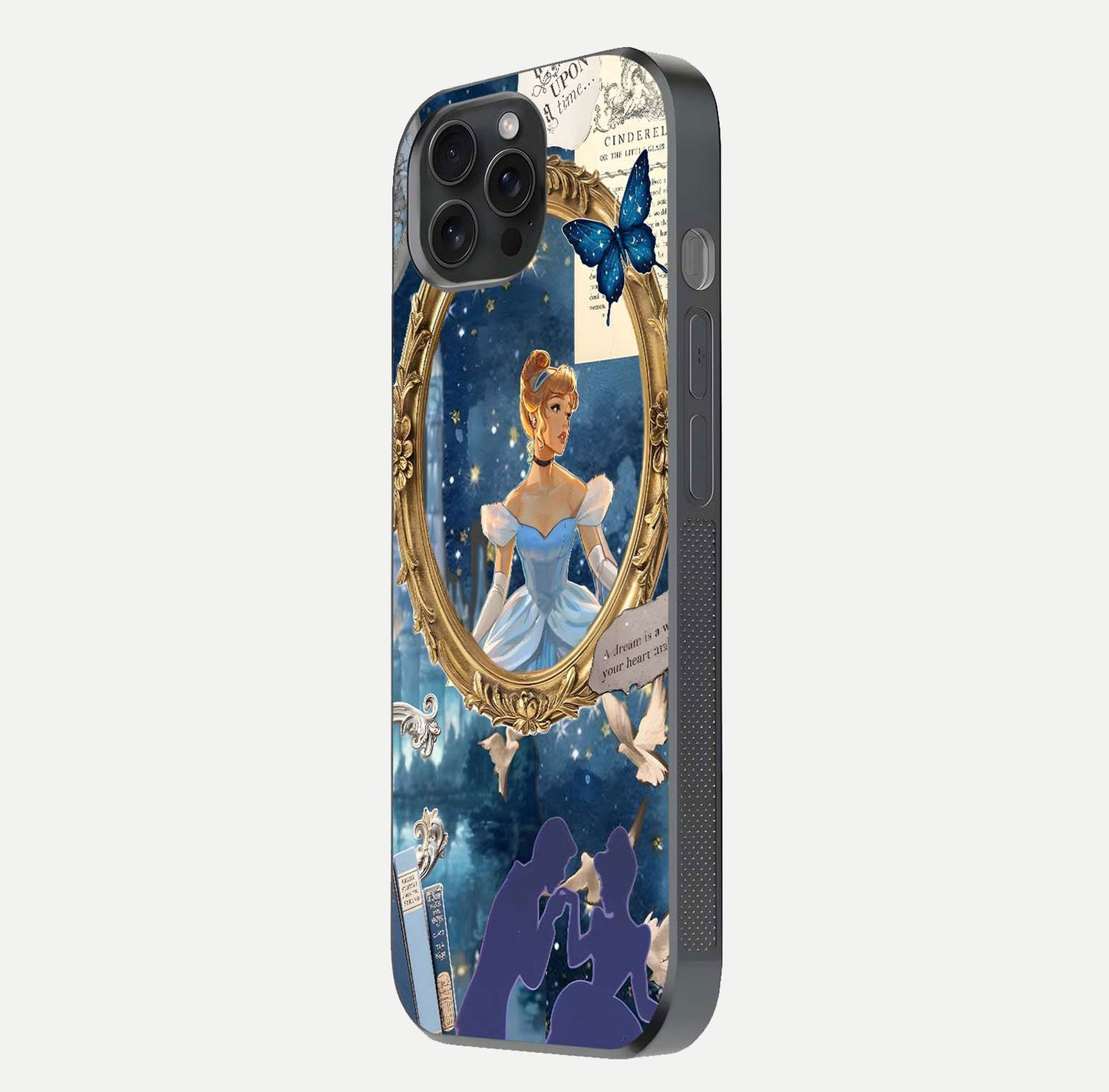 Midnight Queen Glass Case for iPhone 15 Pro side-angle image showing reflection brightness and elegant tone