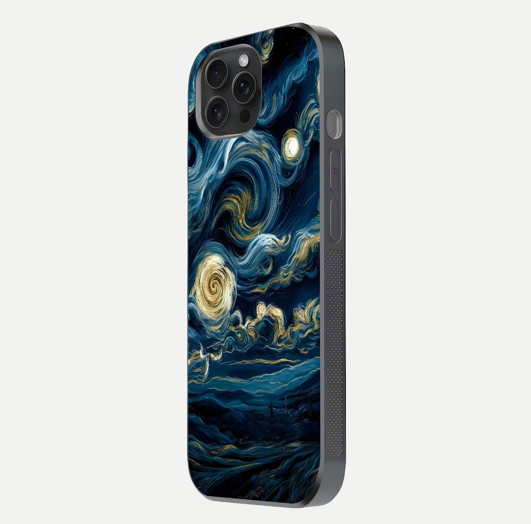 Midnight Sky Whirl Glass Case for iPhone 15 Pro side-angle image showing reflection depth and galaxy pattern