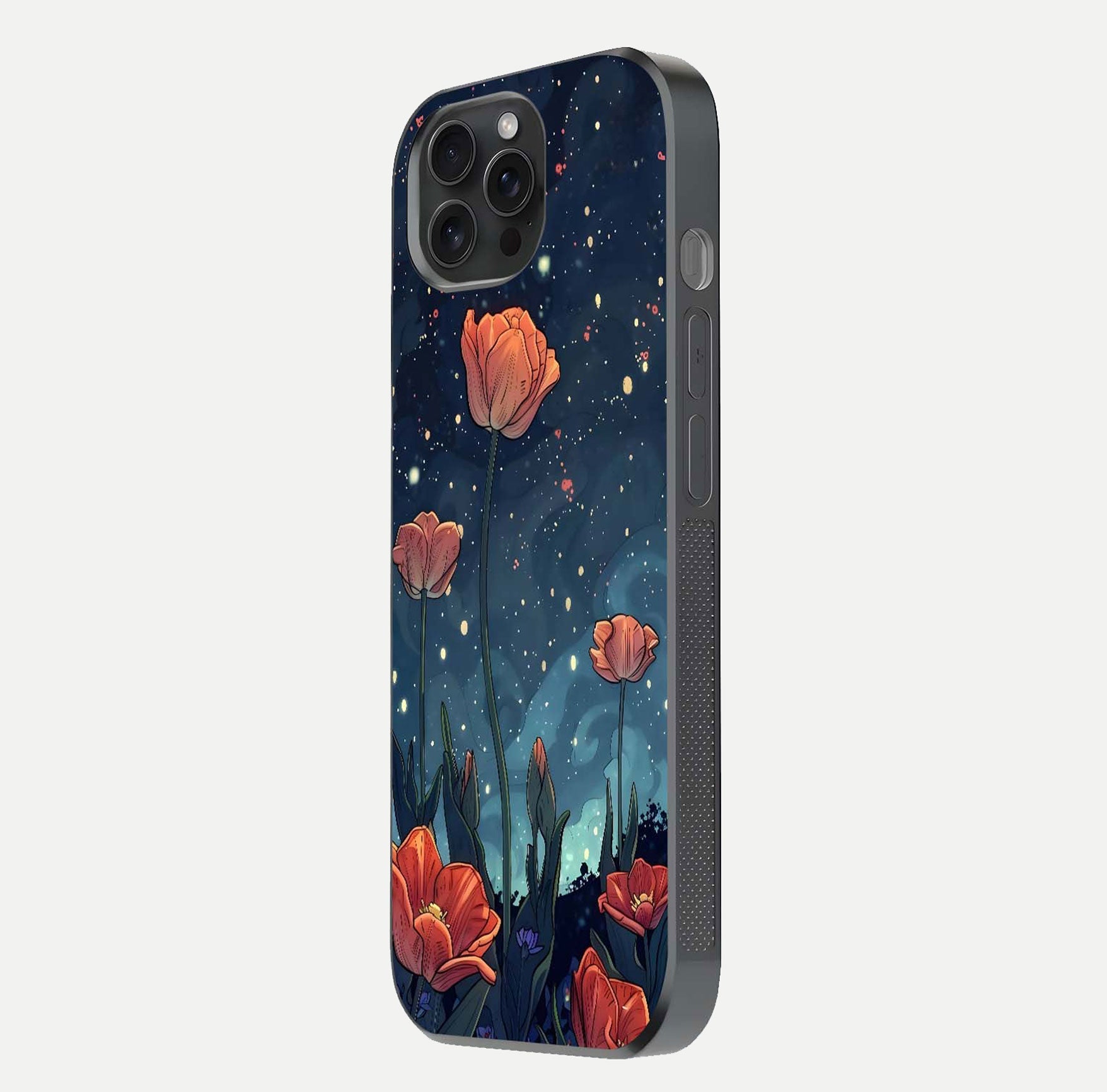 Midnight Tulip Glow Glass Case for iPhone 15 Pro side-angle image showing shine depth and flower artwork