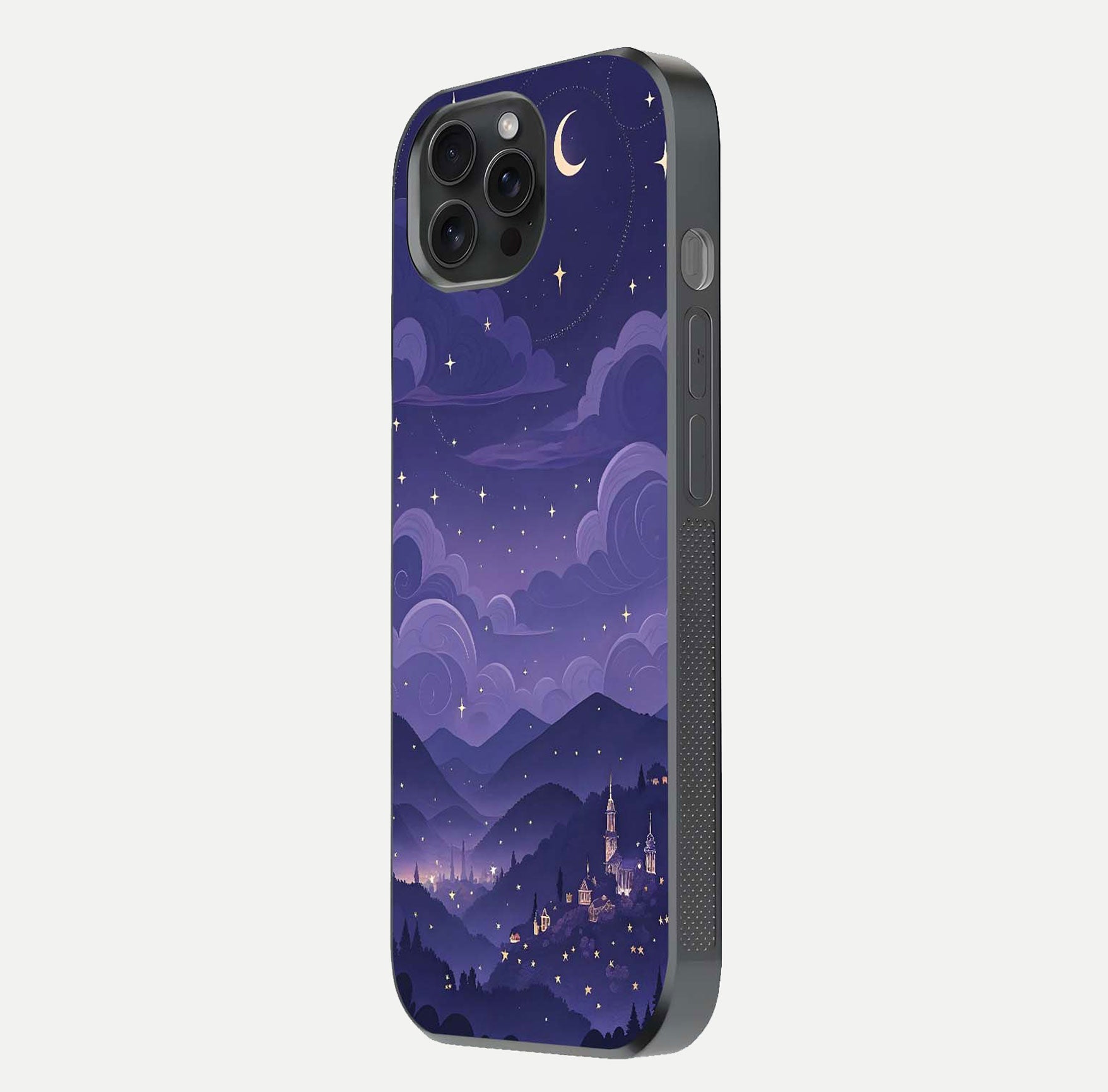 Minimal Night View Glass Case for iPhone 15 Pro side-angle image showing subtle reflection and urban design